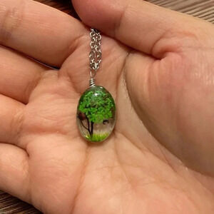 Resin Flower Pressed & Tree Oval Pendant Charm Stainless Steel Necklace